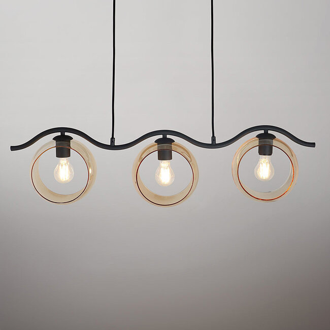 Suspension moderne en verre ambré rond, 3 lumières - Curvatura
