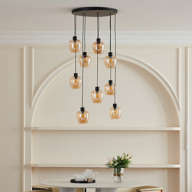 Suspension noire avec verre ambré, 9 lumières - Alturas