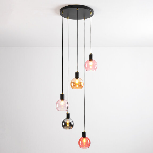 Suspension noire avec verre ambré, fumé et rose, 5 lumières - Monroe