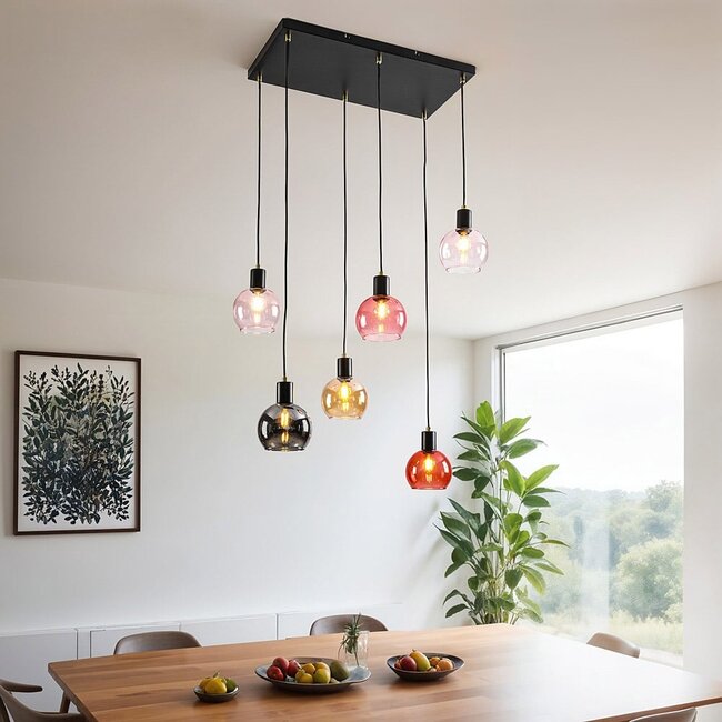 Suspension 6 lumières noire avec verre fumé, ambré et rose - Minot