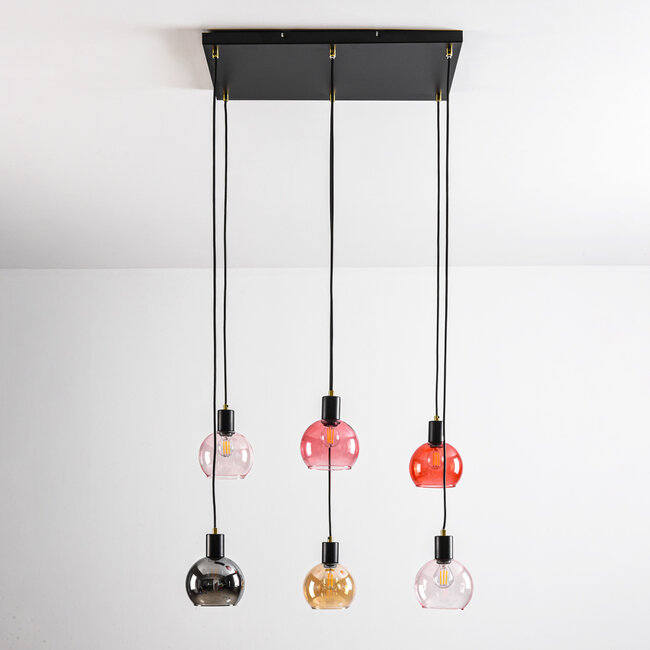 Suspension 6 lumières noire avec verre fumé, ambré et rose - Minot