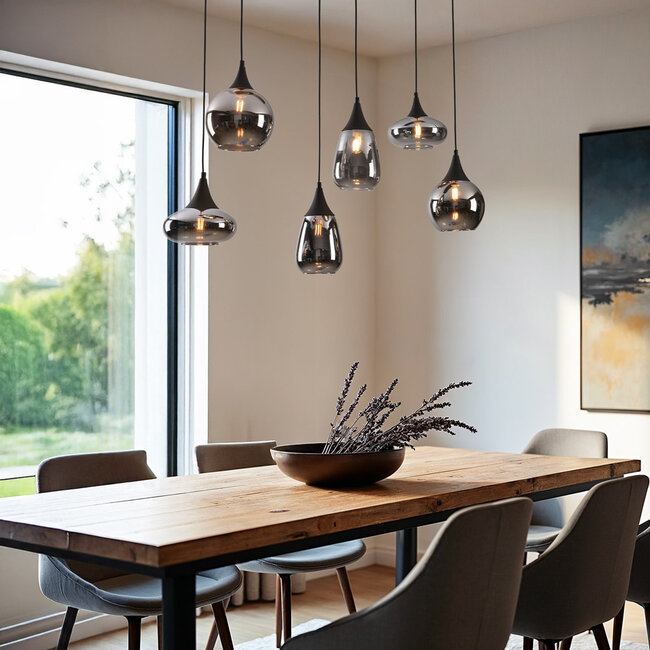 Suspension noire avec verre fumé, 6 lumières - Loic