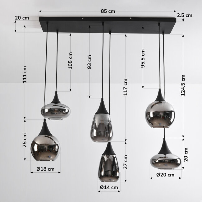 Suspension noire avec verre fumé, 6 lumières - Loic