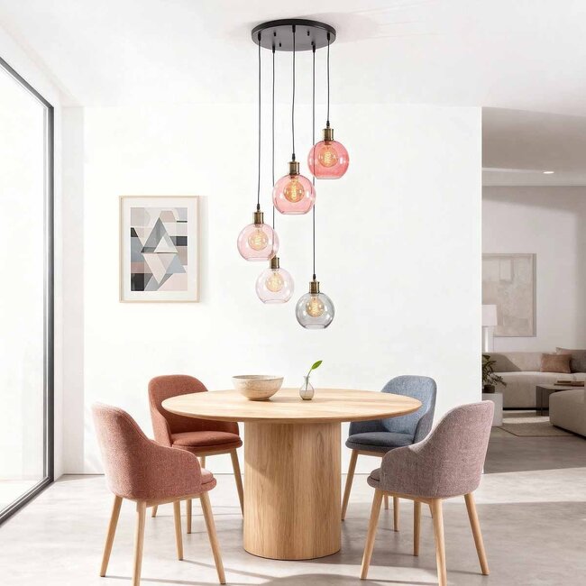 Suspension Liya 5 lumières - verre fumé, rouge et rosé