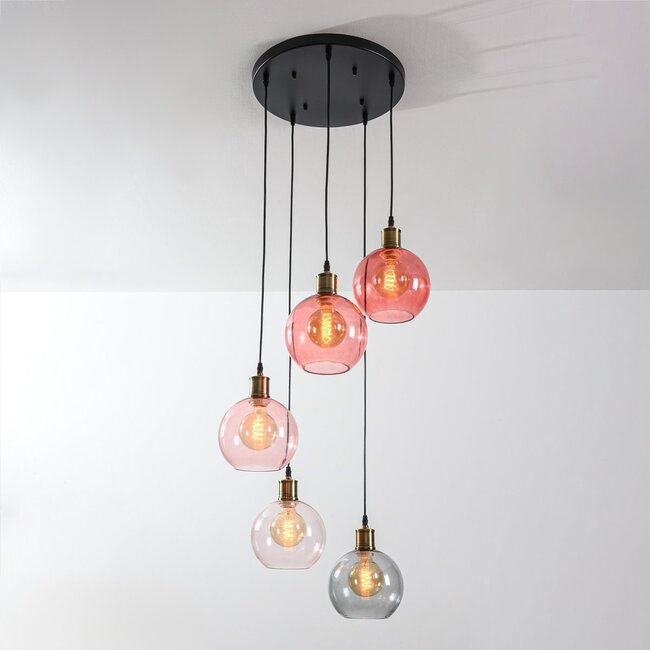 Suspension Liya 5 lumières - verre fumé, rouge et rosé