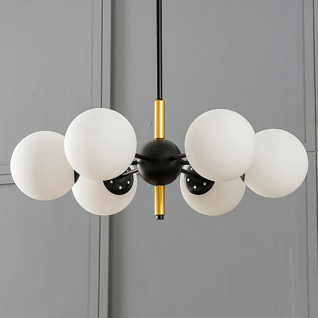 Suspension design noir avec verre blanc laiteux, 6 lumières - Callie