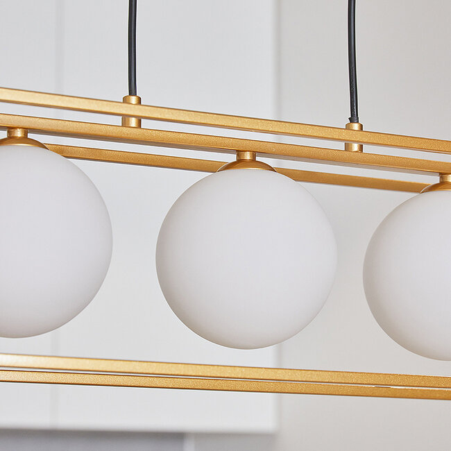 Lampe suspendue avec cadre carré doré et verre blanc laiteux, 3 lumières - Gabia