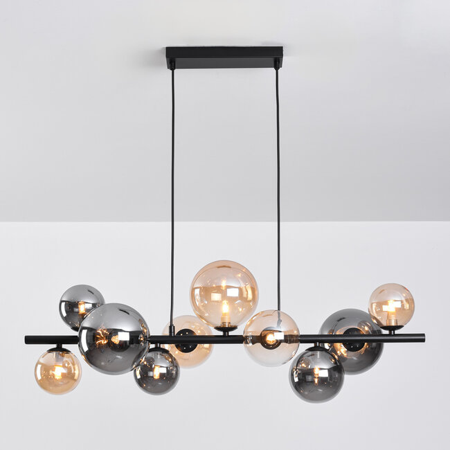Suspension design noir avec verre ambré et fumé, 10 lumières - Deka