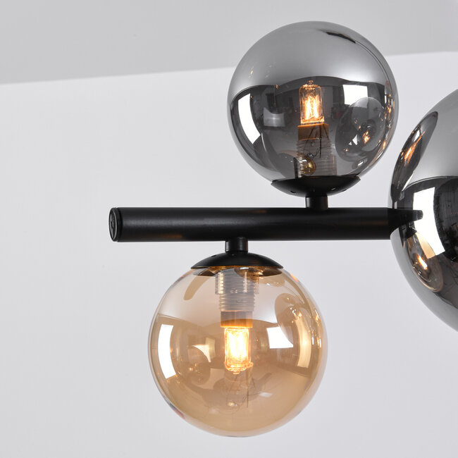 Suspension design noir avec verre ambré et fumé, 10 lumières - Deka
