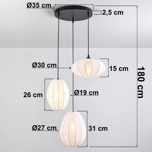 Suspension japandi à 3 lumières avec lanternes en tissu blanc - Fabrica