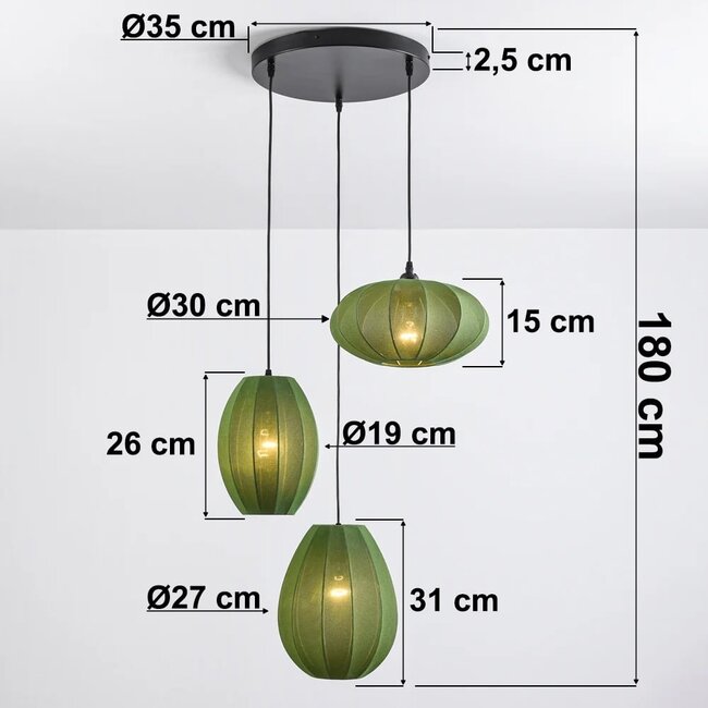 Suspension japandi à 3 lumières avec lanternes en tissu vert - Fabrica