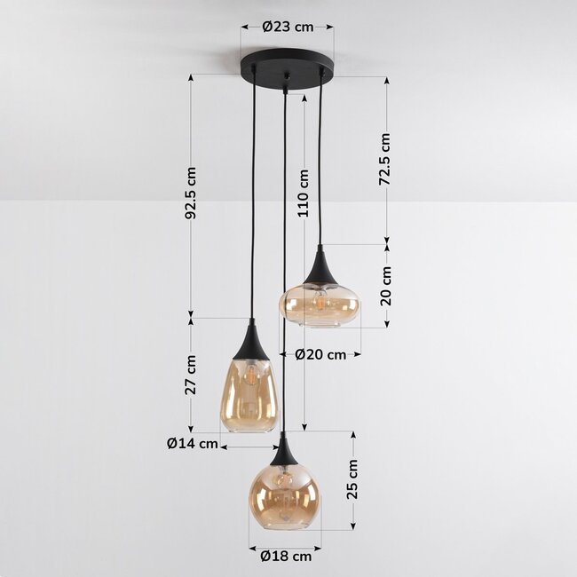 Suspension moderne en verre ambré, 3 lumières - Loua