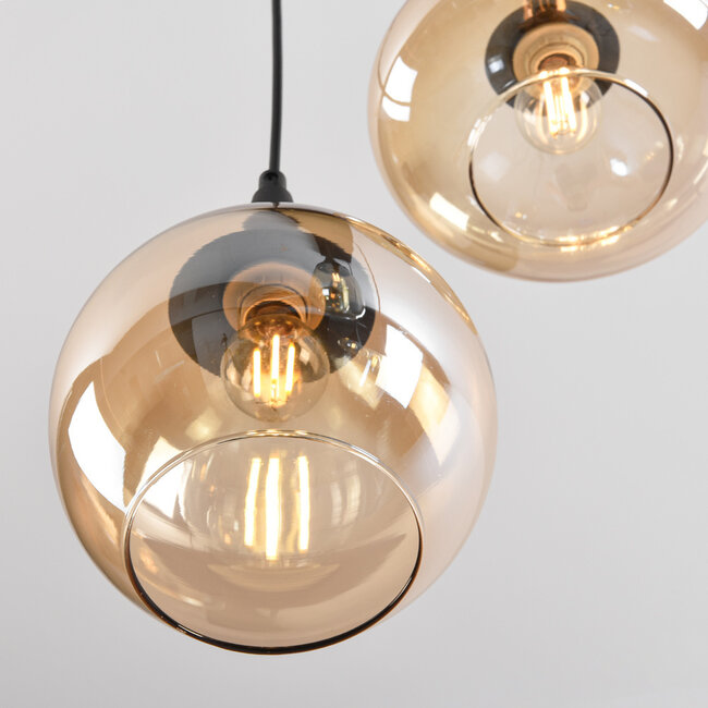 Suspension noire avec verre ambré, 6 lumières - Loic