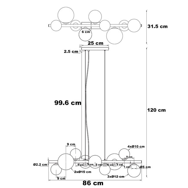 Suspension design en verre, 9 lumières, noir avec verre mat gris - Givree