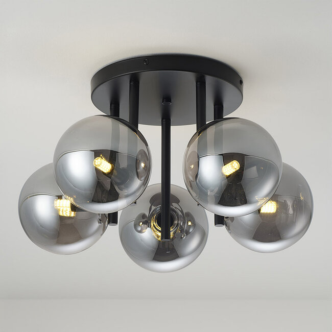 Plafonnier contemporain Amora noir avec verre fumé, 5 lumières