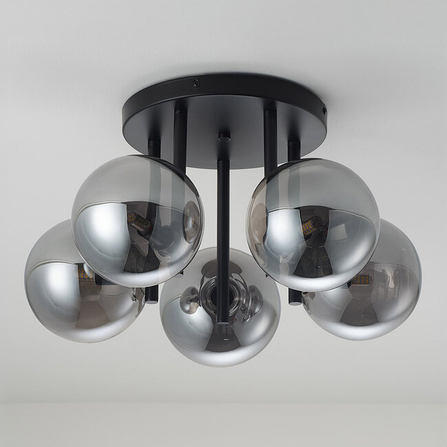 Plafonnier contemporain Amora noir avec verre fumé, 5 lumières