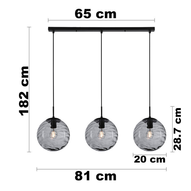Lampe suspendue moderne noire avec verre fumé ondulé 3D, 3 lumières - Carice