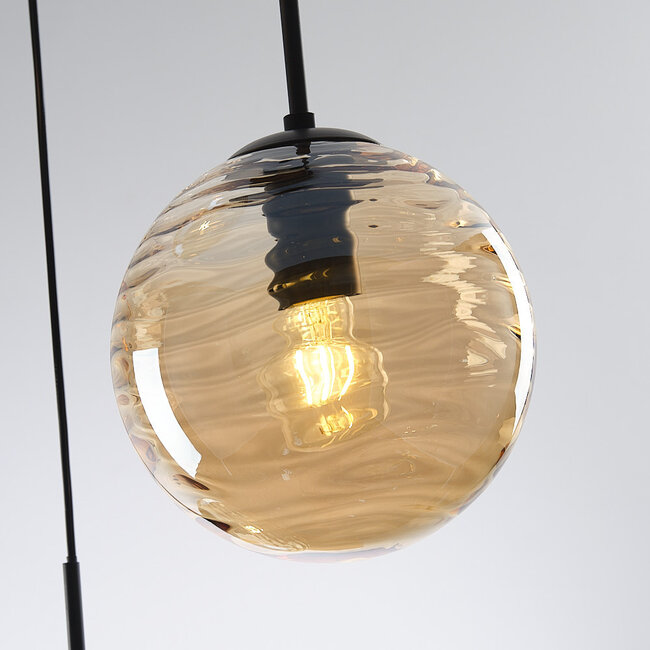Lampe suspendue design noire avec verre ambré ondulé 3D, 3 lumières - Eflin