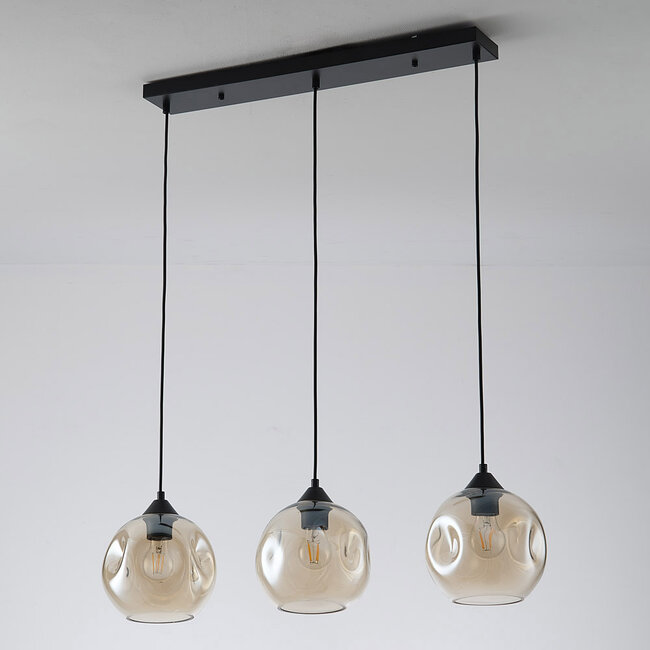 Lampe suspendue moderne à 3 lumières Fayen noir avec verre cognac de forme organique