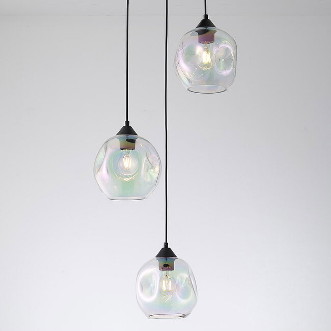 Lampe suspendue design Fajah noir avec verre nacré de forme organique, 3 lumières