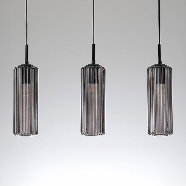 Suspension rétro noire avec verre fumé nervuré, 3 lumières - Giove