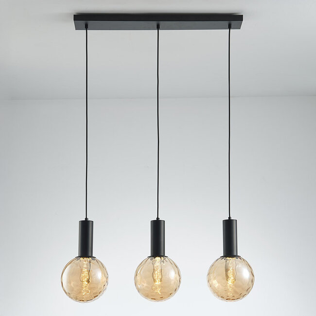 Lampe suspendue à 3 lumières noire avec verre ambré - Anglina