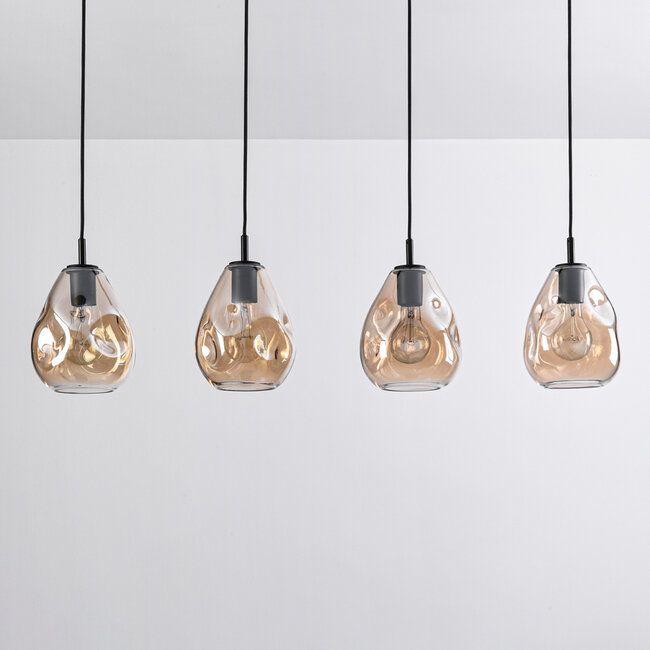 Suspension moderne en verre noir avec verre ambré, 4 lumières - Faliste