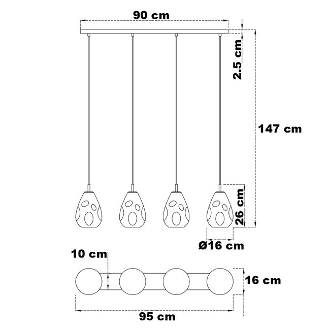Suspension moderne en verre noir avec verre ambré, 4 lumières - Faliste