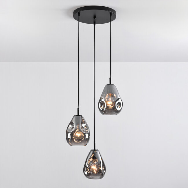 Lampe suspendue design noire avec verre fumé, 3 lumières - Lainas