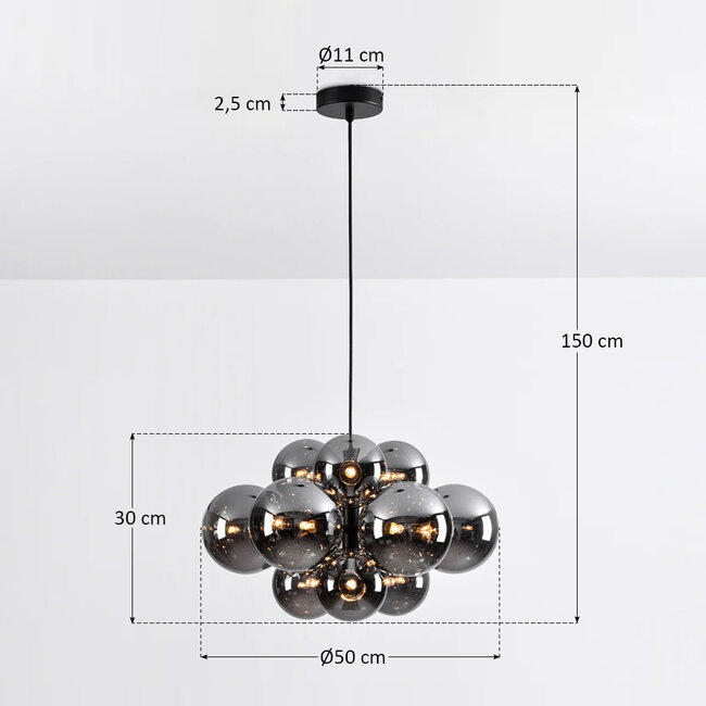 Lampe suspendue design noire avec verre fumé, 12 lumières - Decadi