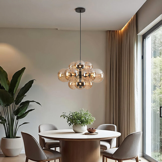 Lampe suspendue 12 lumières noire avec verre ambré - Decadi
