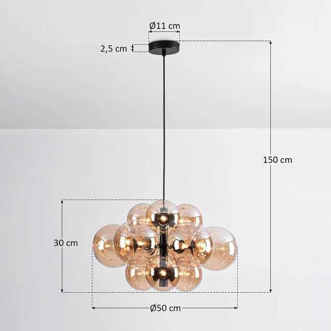 Lampe suspendue 12 lumières noire avec verre ambré - Decadi