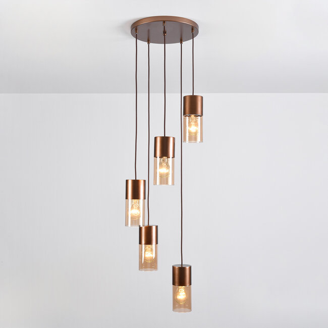 Suspension design à 5 lumières marron café avec verre ambré - Cortado