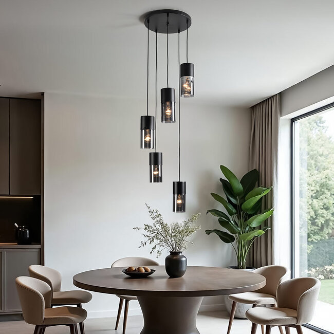 Lampe suspendue industrielle noire avec verre fumé, 5 lumières - Cortado