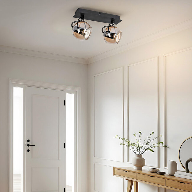 Plafonnier moderne avec verre ambré et 2 spots, noir - Jari