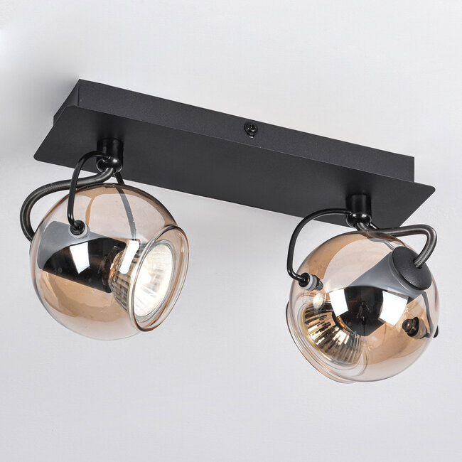 Plafonnier moderne avec verre ambré et 2 spots, noir - Jari