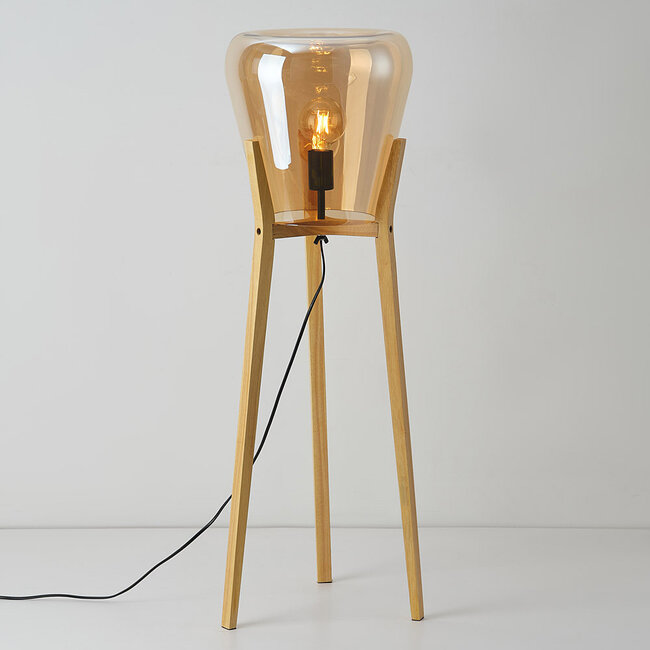 Lampadaire Ditta en bois et verre ambré