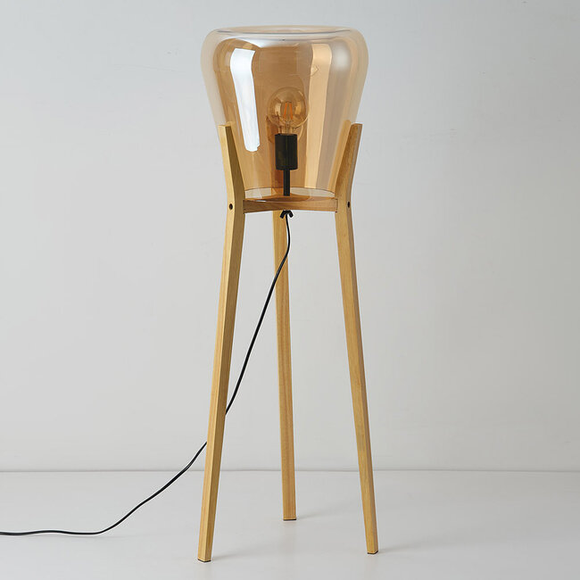 Lampadaire Ditta en bois et verre ambré