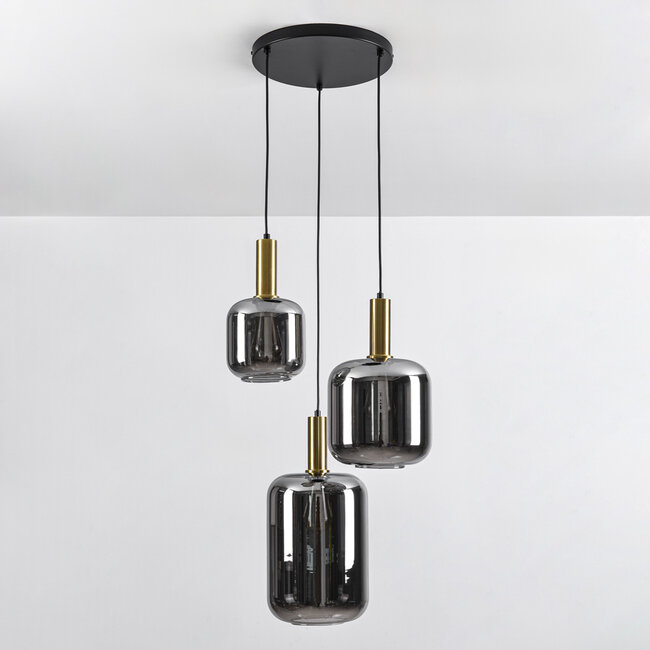 Suspension 3 lumières Pendu - noir, doré et verre fumé