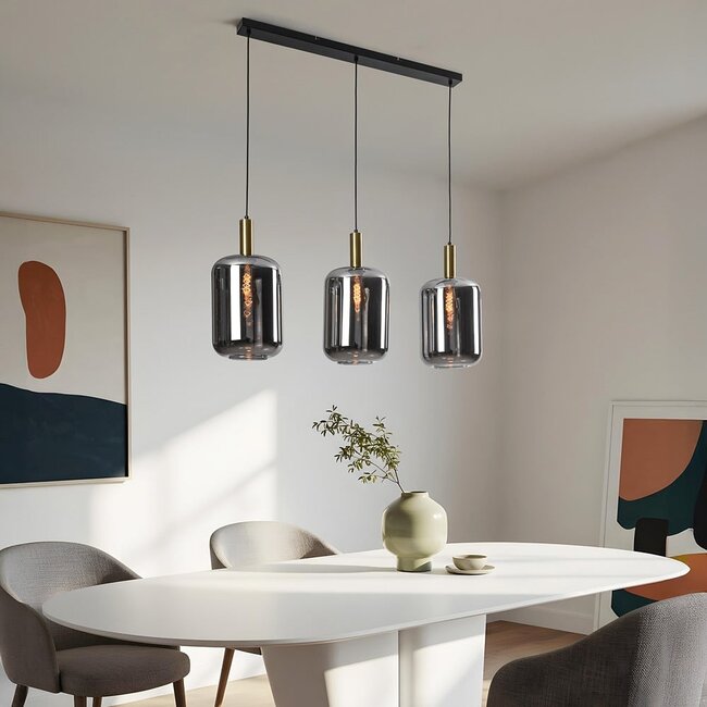 Lampe suspendue à 3 lumières noire et or avec verre fumé - Teto