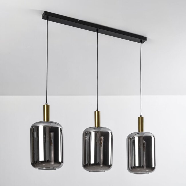 Suspension 3 lumières Teto - noir, doré et verre fumé