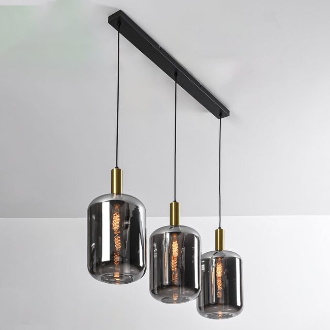 Lampe suspendue à 3 lumières noire et or avec verre fumé - Teto