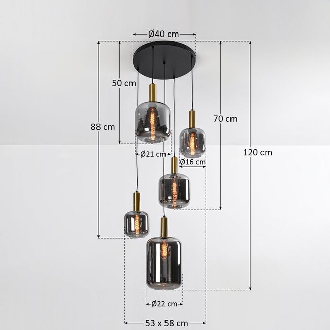 Lampe suspendue design noire avec verre fumé et détails dorés, 5 lumières - Cinque