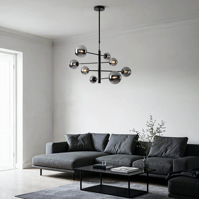 Plafonnier Oito noir avec verre fumé, 8 lumières