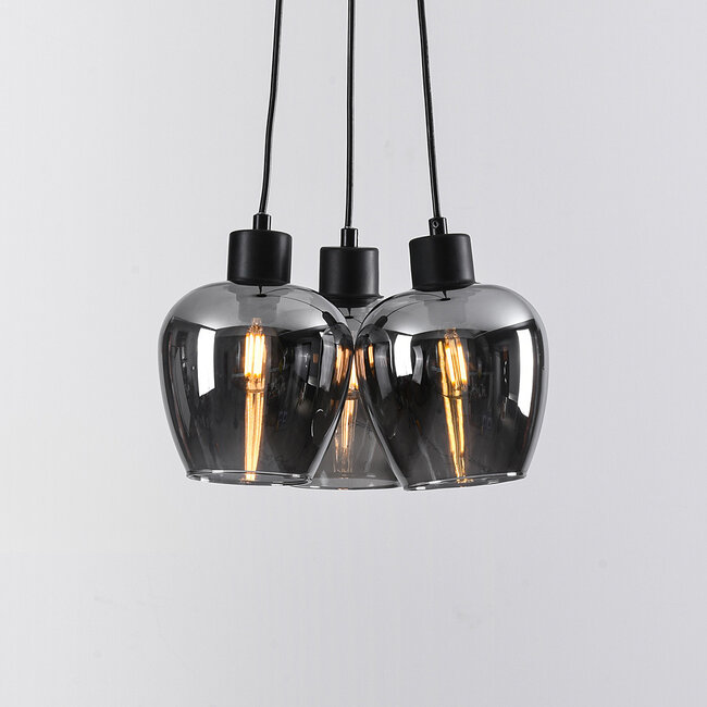 Lampe suspendue design noire Ventura avec verre fumé, 3 lumières