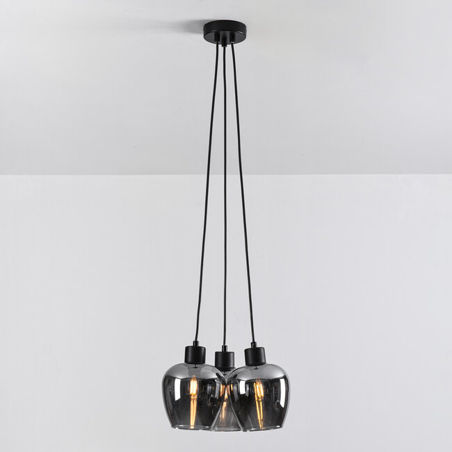 Lampe suspendue design noire Ventura avec verre fumé, 3 lumières