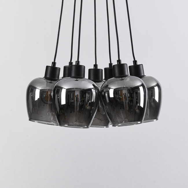 Suspension 7 lumières noire avec verre fumé - Ventura