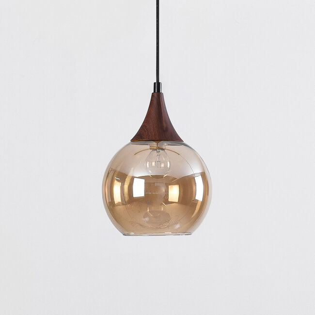 Suspension sur rail monophasée Nya avec verre ambré et aspect bois foncé - ronde