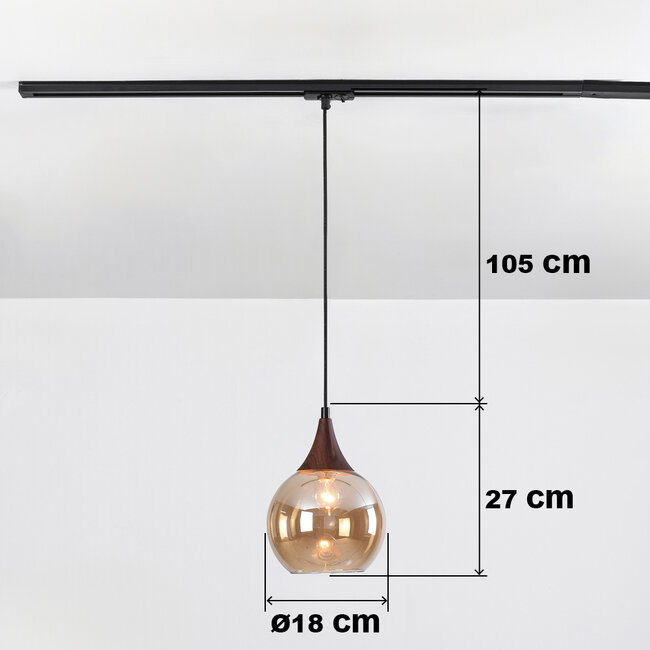 Suspension sur rail monophasée Nya avec verre ambré et aspect bois foncé - ronde