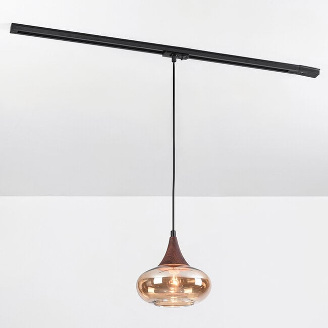 Suspension Nill pour rail monophasé, verre ambré large et bois foncé